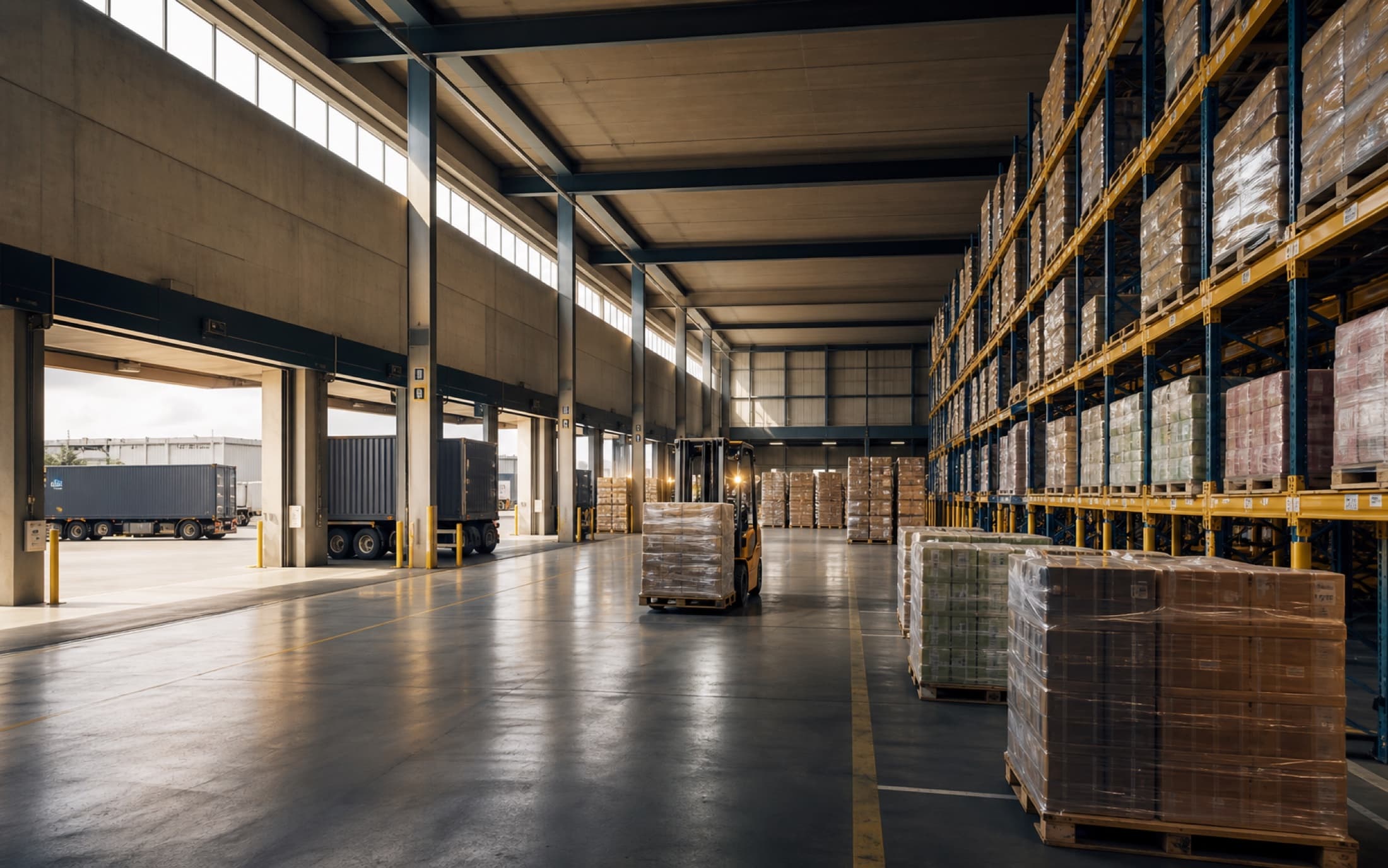Palletized goods moving through a modern logistics hub